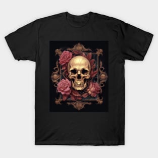 Eternal Beauty: Skull and Rose Illustration in Rococo Realms T-Shirt